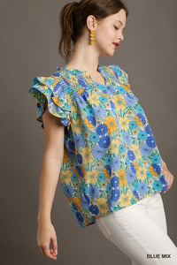 Kendra Split Neck Floral Printed York Top (Blue Mix)