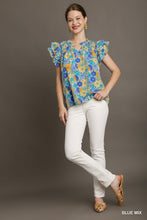 Kendra Split Neck Floral Printed York Top (Blue Mix)