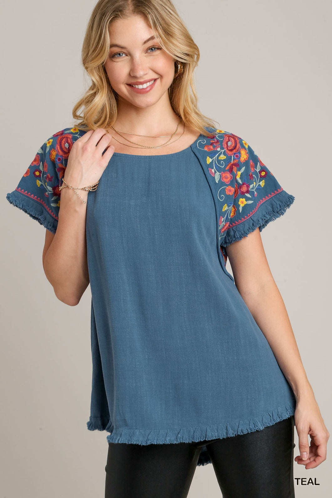 Bianca Embroidered Sleeve Linen Top (Teal)