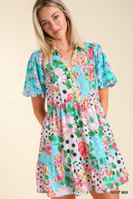 Elise Floral Print Puff Sleeve Dress (Mint Mix)