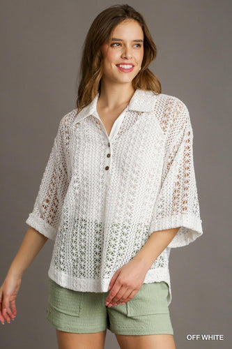 Luna Lace Crochet Boxy Cut Collared Top (White)