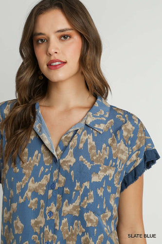 Savannah Soiree Animal Print Button Down Shirt  (Slate Blue)