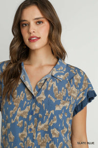 Savannah Soiree Animal Print Button Down Shirt  (Slate Blue)