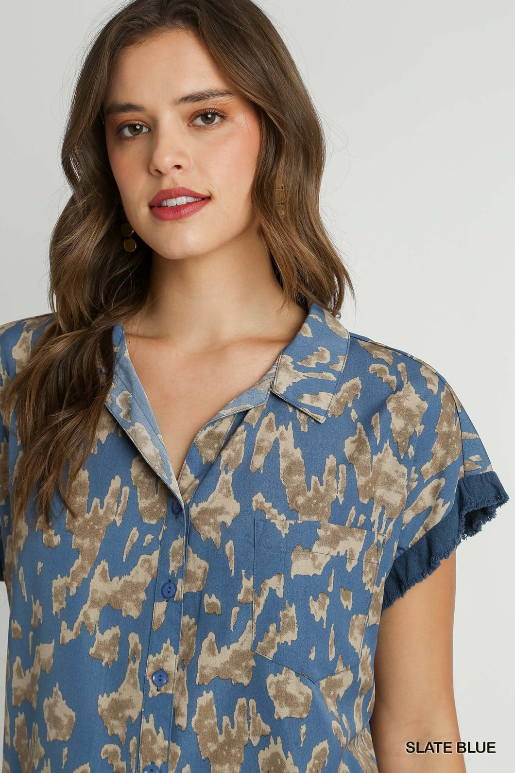 Savannah Soiree Animal Print Button Down Shirt  (Slate Blue)