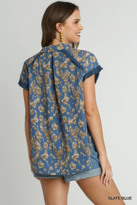 Savannah Soiree Animal Print Button Down Shirt  (Slate Blue)