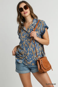 Savannah Soiree Animal Print Button Down Shirt  (Slate Blue)