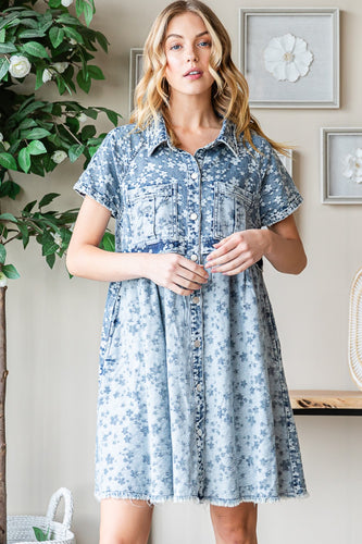 Washed Button Front Short Sleeve Tunic Dress Denim by Oli & Hali