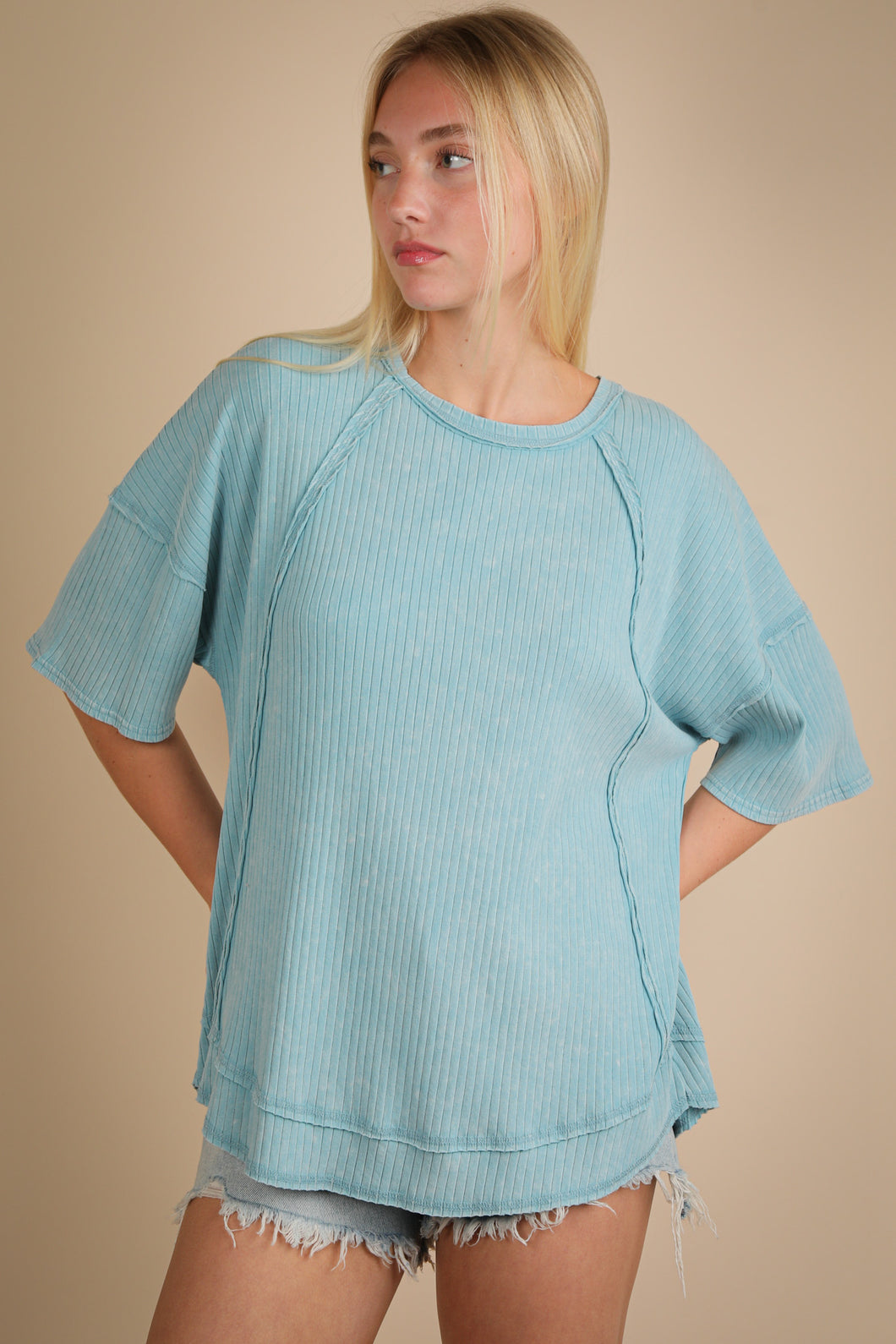 The Laidback Luxe Ribbed Tee (Denim)