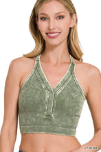 Washed Ribbed Cropped Button V-Neck Tank Top (Light Olive)