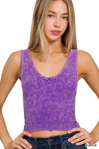 Dual Neckline Washed Ribbed Cropped Tank(Purple)