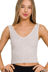 2 Way Neckline Washed Ribbed Tank Top(Bone)