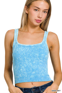 Two Way Neckline Washed Ribbed Tank Top (Deep Sky)