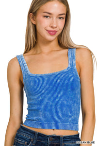 Dual Neckline Washed Ribbed Cropped Tank(Ocean Blue)
