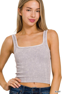 2 Way Neckline Washed Ribbed Tank Top(Sleet)