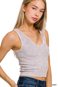 2 Way Neckline Washed Ribbed Tank Top(Sleet)