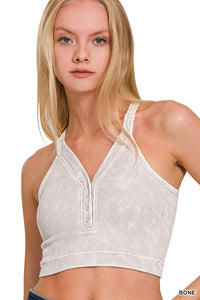 Washed Ribbed Padded Cropped Button V-Neck Tank Top (Bone)