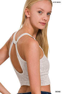 Washed Ribbed Padded Cropped Button V-Neck Tank Top (Bone)