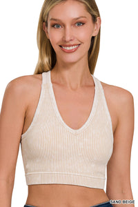 Stone Washed Ribbed Racerback Top with Bra Pad (Sand Beige)