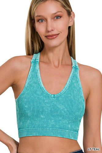 Stone Washed Ribbed Racerback Top with Bra Pad (Lt Teal)