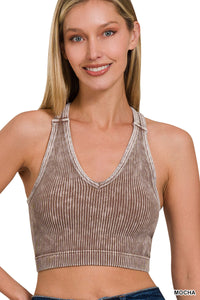 Stone Washed Ribbed Racerback Top with Bra Pad (Mocha)