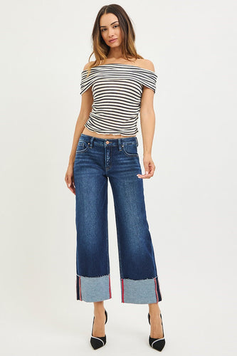 Tummy Control Mid Rise Crop Wide Cuffed Jeans