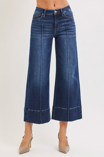 Tummy Control Mid Rise Crop Wide Pintuck Front Jeans (Dark)