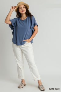Breezy Crewneck Knit Top with Ruffle Sleeve (Slate Blue)