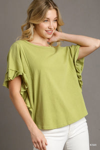 Breezy Crewneck Knit Top with Ruffle Sleeve (Kiwi)