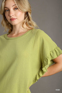 Breezy Crewneck Knit Top with Ruffle Sleeve (Kiwi)