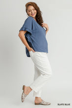 Breezy Crewneck Knit Top with Ruffle Sleeve (Slate Blue)