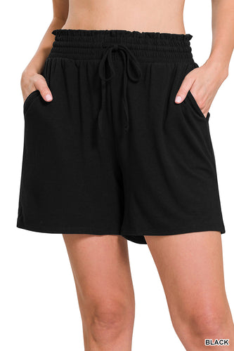 Drawstring Waist Paperbag Shorts (Black)
