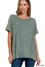 Acid-Washed Ribbed Short Sleeve Boat-Neck Top (Ash Jade)