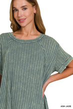 Acid-Washed Ribbed Short Sleeve Boat-Neck Top (Ash Jade)