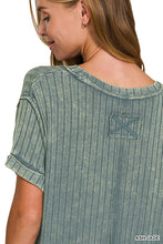 Acid-Washed Ribbed Short Sleeve Boat-Neck Top (Ash Jade)