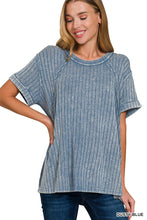 Acid-Washed Ribbed Short Sleeve Boat-Neck Top (Dusty Blue)