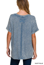 Acid-Washed Ribbed Short Sleeve Boat-Neck Top (Dusty Blue)