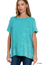 Acid-Washed Ribbed Short Sleeve Boat-Neck Top (Light Teal)