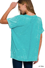 Acid-Washed Ribbed Short Sleeve Boat-Neck Top (Light Teal)