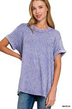 Acid-Washed Ribbed Short Sleeve Boat-Neck Top (Marlin)