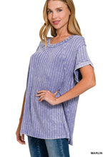 Acid-Washed Ribbed Short Sleeve Boat-Neck Top (Marlin)
