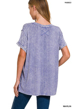 Acid-Washed Ribbed Short Sleeve Boat-Neck Top (Marlin)