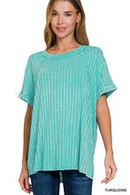 Acid-Washed Ribbed Short Sleeve Boat-Neck Top (Turquoise)