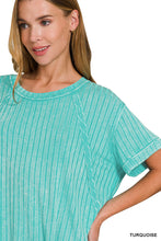 Acid-Washed Ribbed Short Sleeve Boat-Neck Top (Turquoise)