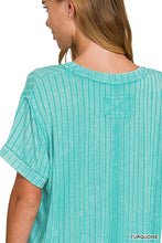 Acid-Washed Ribbed Short Sleeve Boat-Neck Top (Turquoise)