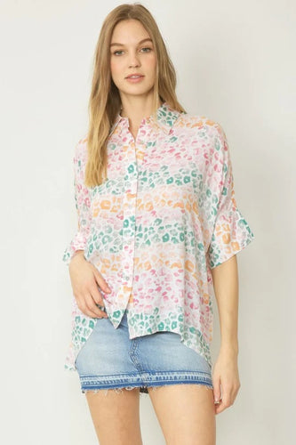 The Key West Beachy Animal Print Button Down Top (Pink Combo)