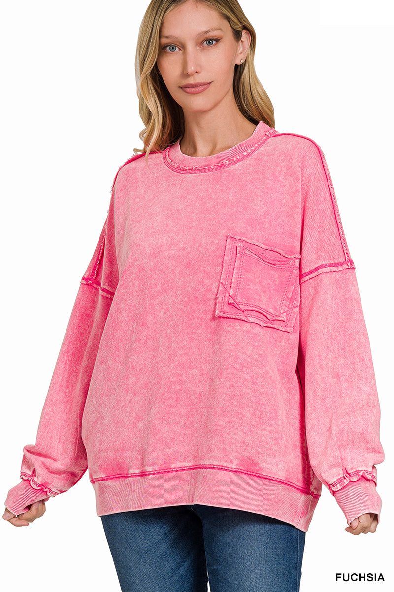 French Terry Acid Wash Pullover (Fuchsia)