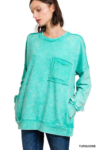 French Terry Acid Wash Pullover (Turquoise)