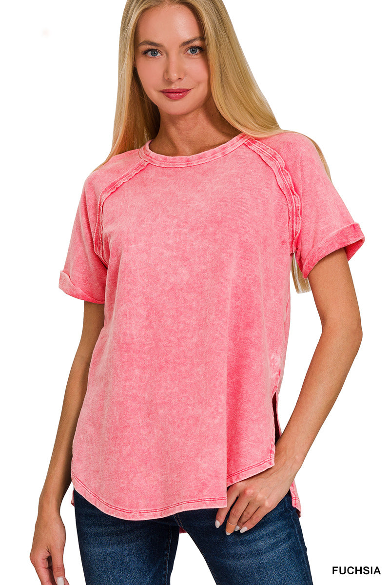 French Terry Mineral Washed Cuff Sleeve Top (Fuchsia)