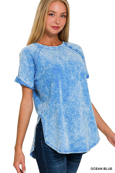 French Terry Mineral Washed Cuff Sleeve Top (Ocean Blue)