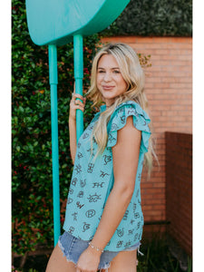 Branded Ruffled Sleeve Blouse (Turquoise)